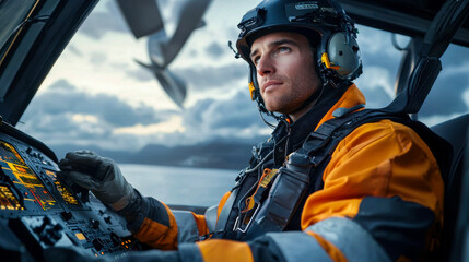 Obraz premium Offshore wind turbine technician operating helicopter, focused and determined, wearing safety gear and headset, with scenic backdrop of clouds and water