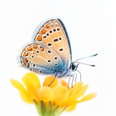 Obraz premium Spring Animals of a small pastel butterfly resting on a yellow flower, Isolated on white Spring Animals