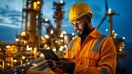 technician in orange safety suit and helmet uses digital tablet to monitor operations at industrial site, showcasing modern technology in vibrant setting