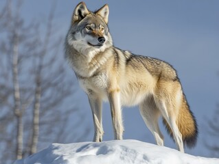 Fototapeta premium A lone wolf stands on a snowdrift. AI.