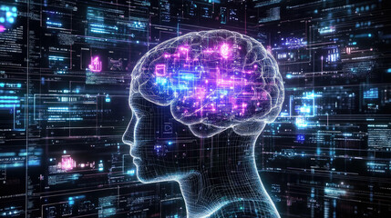 Fototapeta premium The glowing image of the brain in the human head, a concept of artificial intelligence