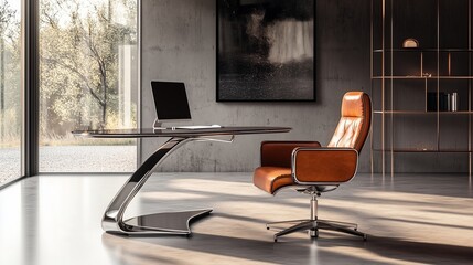 Contemporary Office with Leather Chair and Designer Desk, Ideal for Luxury Workspaces, Minimalist Interior Design, Productivity Themes, Architectural Photography, and High-End Office Decor