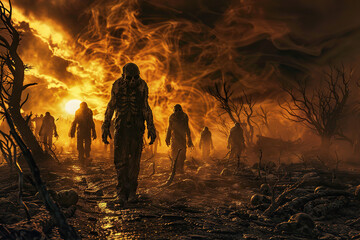 Scary sinister zombie wandering in street with lighting on Halloween
