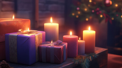 Collection of glowing candles in festive boxes, creating cozy atmosphere