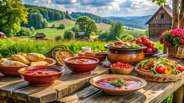 Signboard Indicating Direction to Brovary with Delicious Food Spread in the Foreground, Capturing Culinary Delights and Scenic Roadside Charm for Travel Enthusiasts
