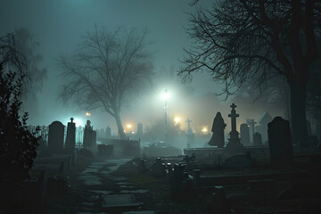 Fantastically mysterious cemetery with tombstones and scary atmosphere