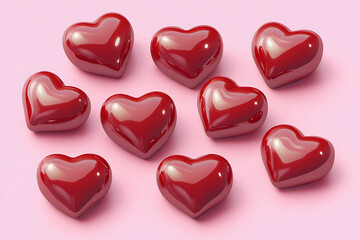 A collection of shiny red heart-shaped objects arranged on a pink background.