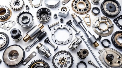 A Comprehensive Collection of New Automotive Spare Parts and Car Components on a White Background for Mechanics, Featuring Essential Metal Pieces for Auto Repairs and Maintenance