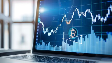 A laptop displaying a cryptocurrency trading chart with Bitcoin symbols and market data.