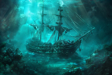 Fototapeta premium Underwater view of an sunken ship on seabed with fish swimming around