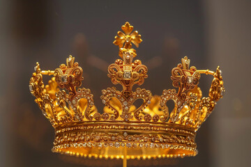 Fototapeta premium Fantastic king or queen crown from vivid gold material for coronation