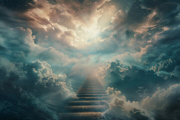 Fantastically beautiful staircase leading to cloudy sky at natural light