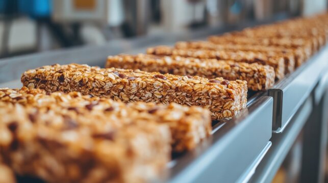 Nutritious granola bars on a conveyor belt in a food production setting, representing healthy snack manufacturing