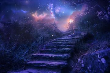 Fototapeta premium Fantastically staircase leading to cloudy deep sky at natural light