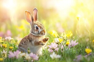 Obraz premium A Curious Rabbit Amidst Blooming Flowers in a Sunlit Meadow
