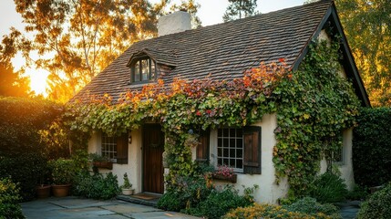 A White Cottage with a Shingle Roof and Ivy Covered Walls