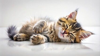 Fototapeta premium Adorable Kitten Sleeping on Back, Isolated on White Background, Perfect for Pet Lovers and Urban Exploration Photography Themes