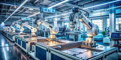 Fototapeta premium Advanced PCB Assembly Line Showcasing Robotic Arms Revolutionizing Quality Control in Electronics Manufacturing with a Focus on Precision and Innovation