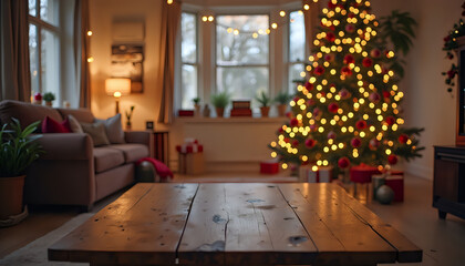 a living room decorated for christmas with a tree lit up and a wooden coffee table