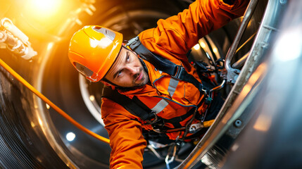 wind turbine technician in orange safety suit climbs inside turbine, showcasing determination and skill. environment is industrial and well lit