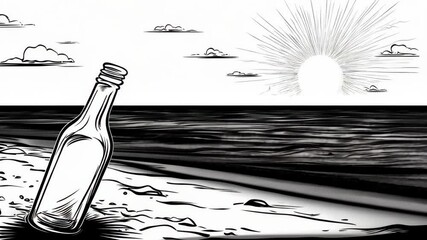 A simple line drawing depicts a clear glass bottle lying on a beach