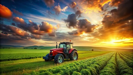 Stunning Double Exposure Photography of a Red Tractor in a Lush Green Field with Sky Reflections, Capturing the Essence of Rural Life and Agriculture in Harmony with Nature
