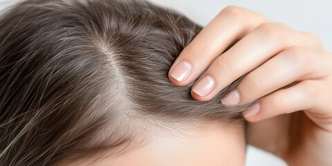 Obraz premium Woman applying hair restoration serum at home beauty routine indoor close-up personal care focus