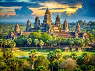 Fototapeta premium Stunning Landscape Photography of Angkor Wat Isolated on a Soft Background, Capturing the Majestic Architecture and Lush Surroundings of One of the World's Most Iconic Temples