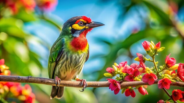 Stunning Landscape with Coppersmith Barbet Nestled Amidst Lush Greenery and Vibrant Flowers, Capturing the Beauty of Nature and Birdwatching in a Serene Environment
