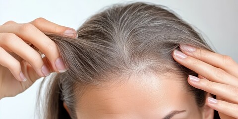 Fototapeta premium A woman applying hair thickening solution for fine hair home bathroom beauty routine indoor close-up self-care tips