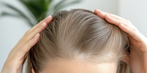 Naklejka premium Self-care routine for thinning hair a woman's journey in a well-lit room lifestyle indoor personal growth