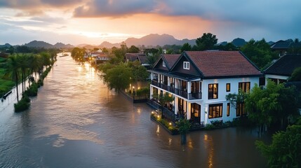 Obraz premium Flooded Landscape with Evacuated Homes at Sunset