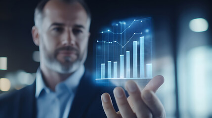 Innovative Businessman Visualizes Data Trends in a Modern Office Setting, Showcasing the Future of Financial Analysis with Holographic Graphs.