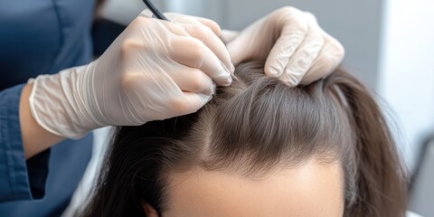 Naklejka premium Hair transplant procedure a woman's experience in a clinical setting discussing thinning hair solutions