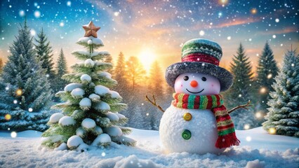 Obraz premium Charming Snowman Amidst a Serene Winter Wonderland: The Perfect Image for Holiday Cheer and Decorations Capturing the Essence of Winter Festivities with a Joyful Ambiance