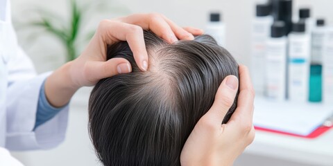 Consultation on hair loss treatment dermatologist office medical visit clean environment close-up view patient guidance
