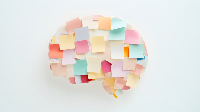 A vibrant representation of learning, showcasing a brain model adorned with various pastel sticky notes symbolizing thoughts and creativity.