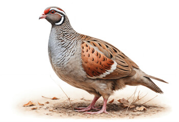 Partridge Standing on Grass with a White Background
