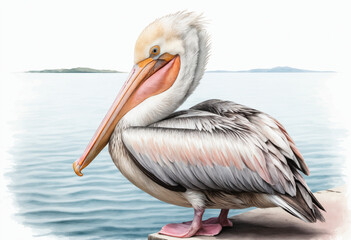 Pelican Resting on Dock with Calm Water and Island View