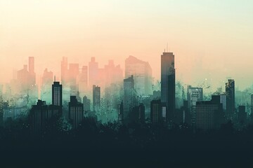 Fototapeta premium Misty Urban Skyline at Dawn: A Serene Cityscape
