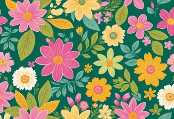 Obraz premium Cheerful background with colorful floral pattern. Features flowers in shades of pink, yellow and green.