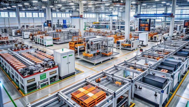 Closeup Drone Photography of EV Battery Production Factory Showcasing Lithium-ion High-Voltage Battery Components for Electric Vehicle and Hybrid Car Battery Module Manufacturing Process
