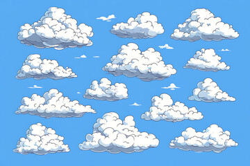 A collection of cartoon-style clouds against a blue sky, ideal for graphic design use.