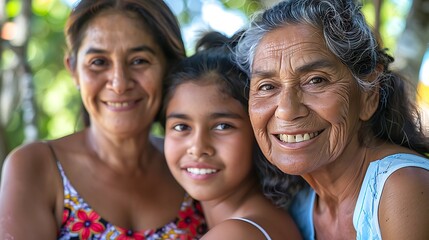Fototapeta premium A joyful family portrait featuring three generations of women smiling together outdoors.