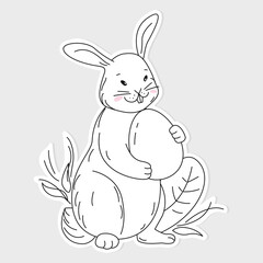 Cute Bunny sticker. Rabbit holding an Easter Egg. Hand drawn character for baby t-shirt, kids fashion print, Easter, greeting cards, baby shower. Vector doodle illustration isolated 