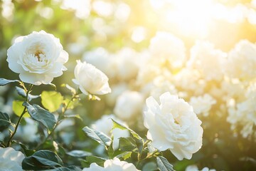 Radiant White Roses in Golden Light: A Floral Serenity