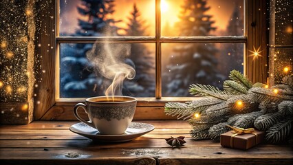 Cozy Winter Vibes: Close-up of a Steaming Cup of Hot Coffee on a Window Sill at Home, Perfect for a Relaxing Winter Morning or Afternoon Break