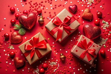 Fototapeta premium Romantic Valentine's Day Gift Arrangement with Red Hearts, Gifts, and Colorful Confetti on a Solid Red Background for Perfect Celebration Imagery