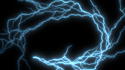 Abstract shockwave electric current energy explosion effect on black background.