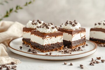 Delicious Layered Chocolate Cream Bars with Whipped Topping and Chocolate Chips